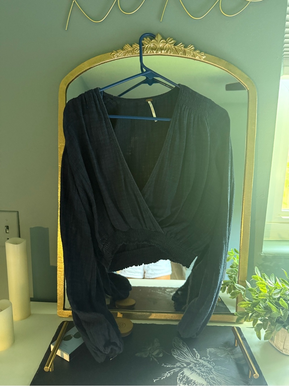 Free People Black Long-Sleeve Surplice Cropped Blouse